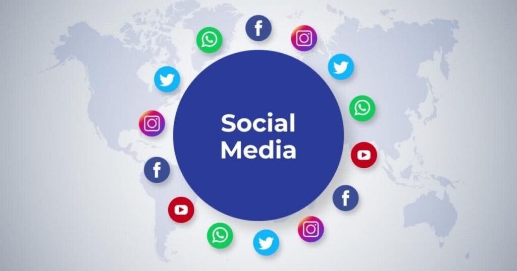 social media platform icons over a world map