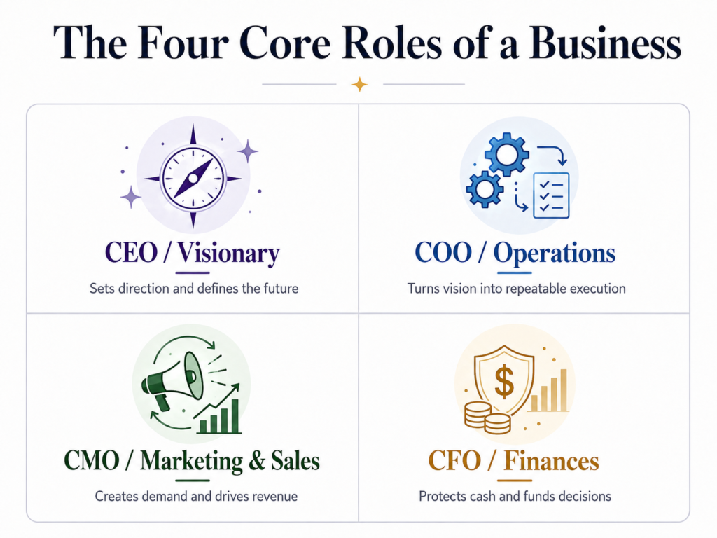 The Four Core Roles of a Business: Visionary, Operations, Marketing & Sales, and Finances Infographic of The Four Core Roles of a Business: CEO / Visionary, COO / Operations, CMO / Marketing & Sales, and CFO / Finances