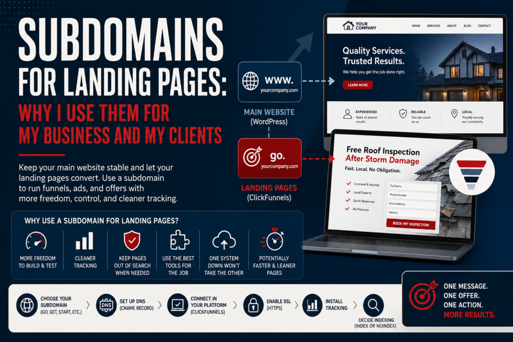 Infographic showing how a subdomain can separate landing pages from a main website for better testing, tracking, flexibility, and funnel management.